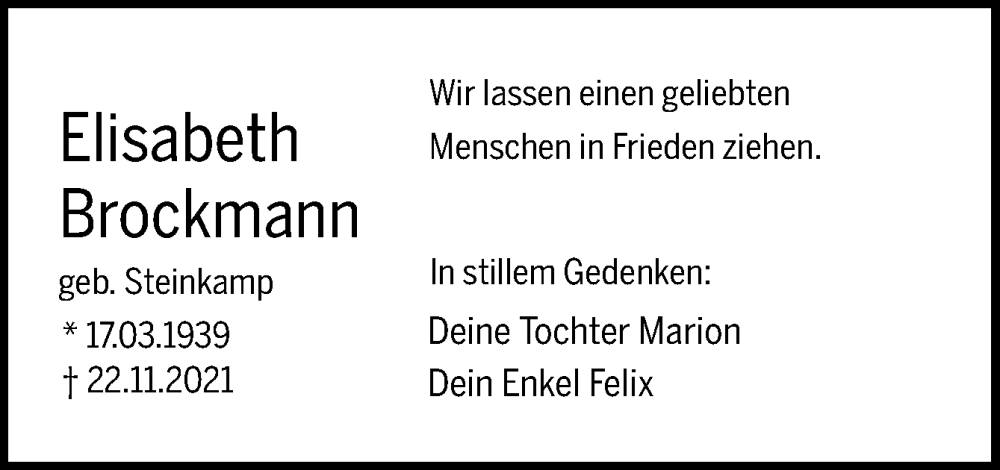  Traueranzeige für Elisabeth Brockmann vom 22.11.2023 aus Neue Osnabrücker Zeitung GmbH & Co. KG