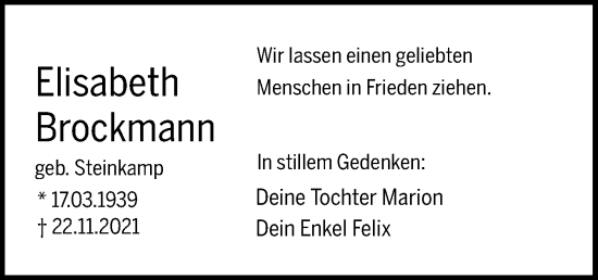 Traueranzeige von Elisabeth Brockmann von Neue Osnabrücker Zeitung GmbH & Co. KG