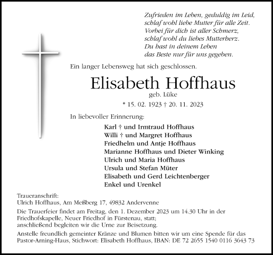 Traueranzeige von Elisabeth Hoffhaus von Neue Osnabrücker Zeitung GmbH & Co. KG