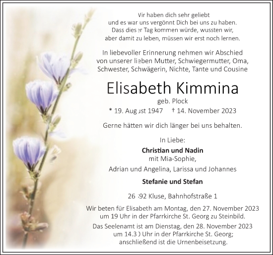 Traueranzeige von Elisabeth Kimmina von Neue Osnabrücker Zeitung GmbH & Co. KG