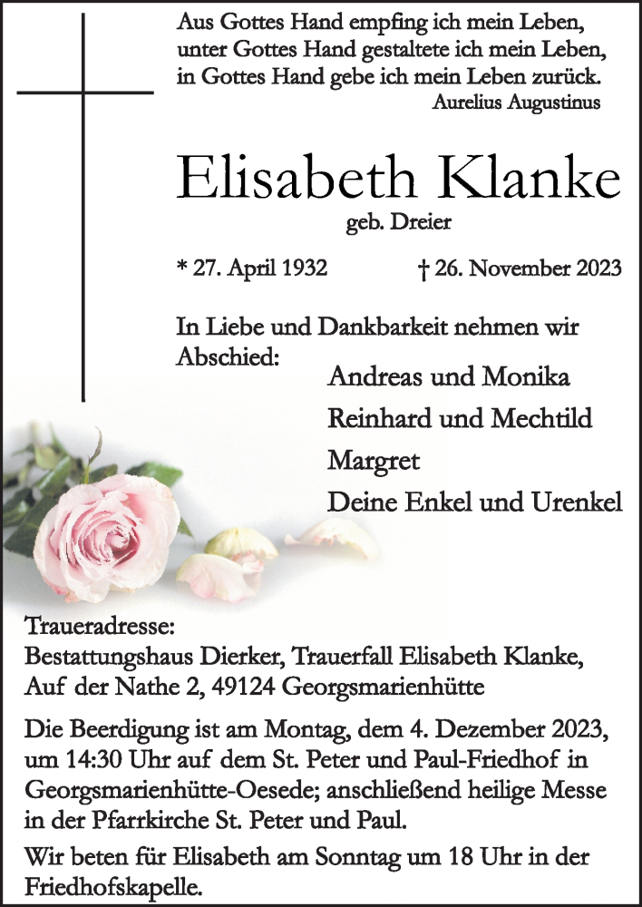  Traueranzeige für Elisabeth Klanke vom 29.11.2023 aus Neue Osnabrücker Zeitung GmbH & Co. KG