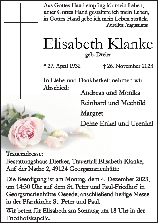 Traueranzeige von Elisabeth Klanke von Neue Osnabrücker Zeitung GmbH &amp; Co. KG