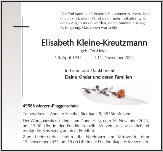 Traueranzeige von Elisabeth Kleine-Kreutzmann von Neue Osnabrücker Zeitung GmbH & Co. KG
