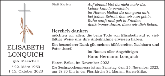 Traueranzeige von Elisabeth Lonquich von Neue Osnabrücker Zeitung GmbH & Co. KG