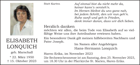 Traueranzeige von Elisabeth Lonquich von Neue Osnabrücker Zeitung GmbH & Co. KG