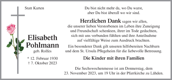 Traueranzeige von Elisabeth Pohlmann von Neue Osnabrücker Zeitung GmbH & Co. KG