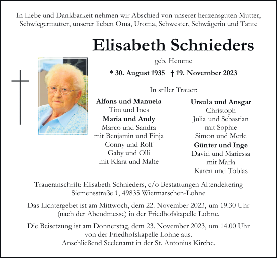 Traueranzeige von Elisabeth Schnieders von Neue Osnabrücker Zeitung GmbH & Co. KG