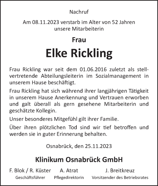 Traueranzeige von Elke Rickling von Neue Osnabrücker Zeitung GmbH & Co. KG