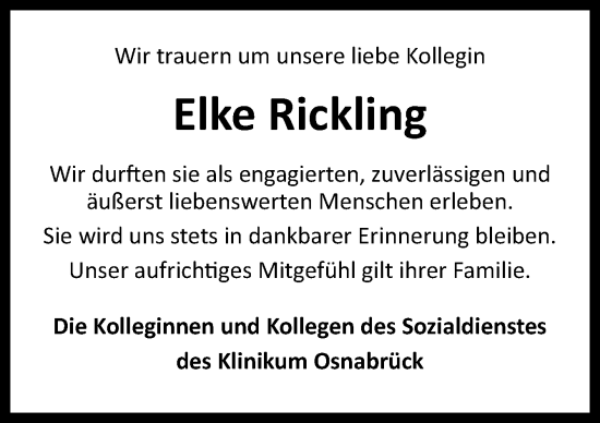 Traueranzeige von Elke Rickling von Neue Osnabrücker Zeitung GmbH & Co. KG
