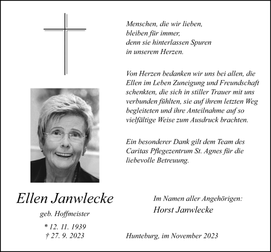 Traueranzeige von Ellen Janwlecke von Neue Osnabrücker Zeitung GmbH & Co. KG