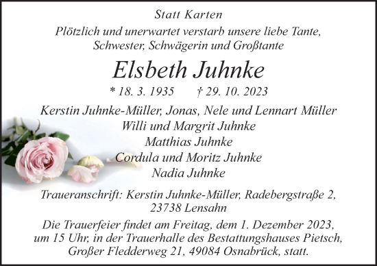 Traueranzeige von Elsbeth Juhnke von Neue Osnabrücker Zeitung GmbH & Co. KG
