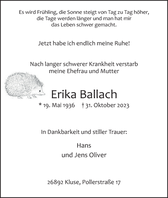 Traueranzeige von Erika Ballach von Neue Osnabrücker Zeitung GmbH & Co. KG