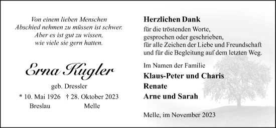 Traueranzeige von Erna Kugler von Neue Osnabrücker Zeitung GmbH & Co. KG