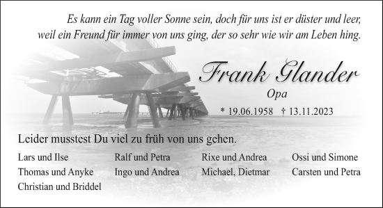Traueranzeige von Frank Glander von DK Medien GmbH & Co. KG