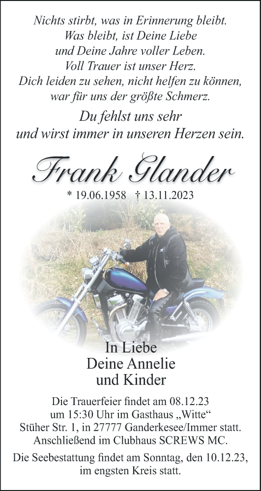 Traueranzeige von Frank Glander von DK Medien GmbH & Co. KG