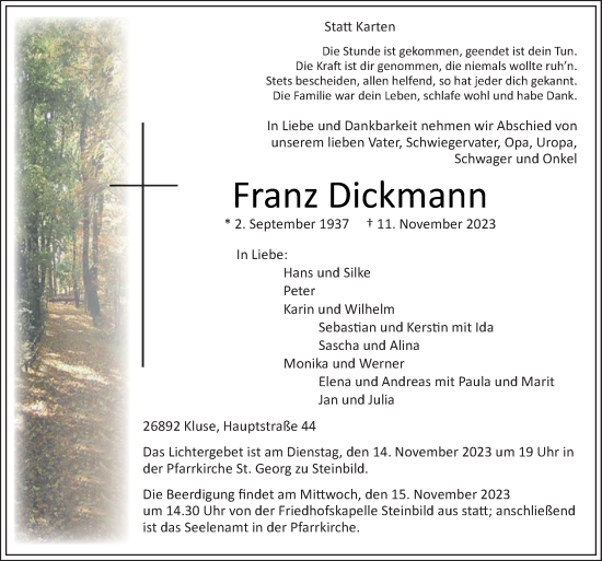 Traueranzeige von Franz Dickmann von Neue Osnabrücker Zeitung GmbH & Co. KG