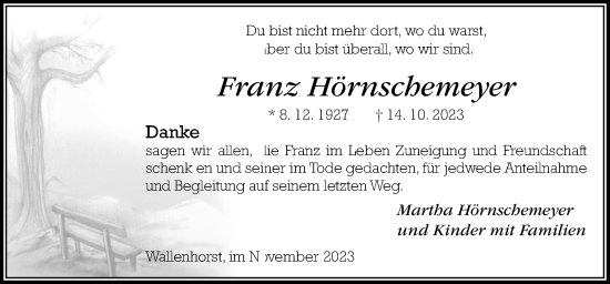 Traueranzeige von Franz Hörnschemeyer von Neue Osnabrücker Zeitung GmbH & Co. KG
