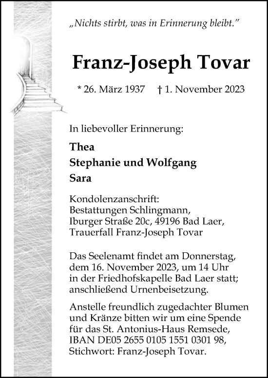 Traueranzeige von Franz-Joseph Tovar von Neue Osnabrücker Zeitung GmbH & Co. KG