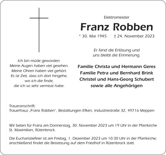 Traueranzeige von Franz Robben von Neue Osnabrücker Zeitung GmbH & Co. KG