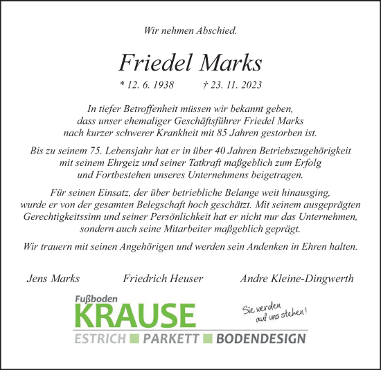 Traueranzeige von Friedel Marks von Neue Osnabrücker Zeitung GmbH & Co. KG