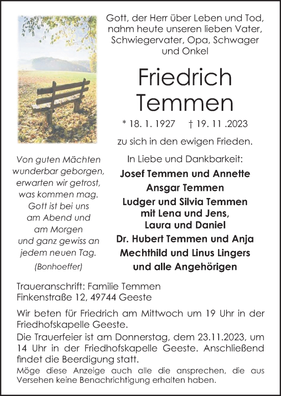 Traueranzeige von Friedrich Temmen von Neue Osnabrücker Zeitung GmbH & Co. KG