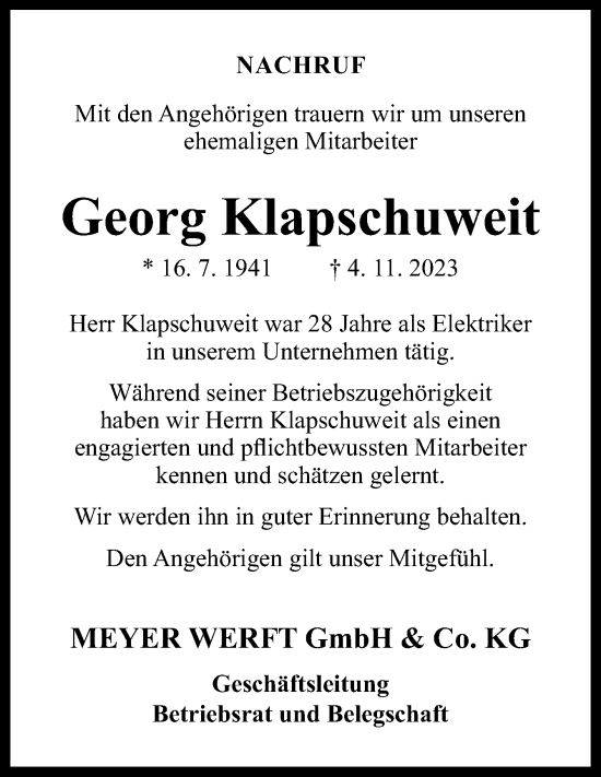 Traueranzeige von Georg Klapschuweit von Neue Osnabrücker Zeitung GmbH & Co. KG