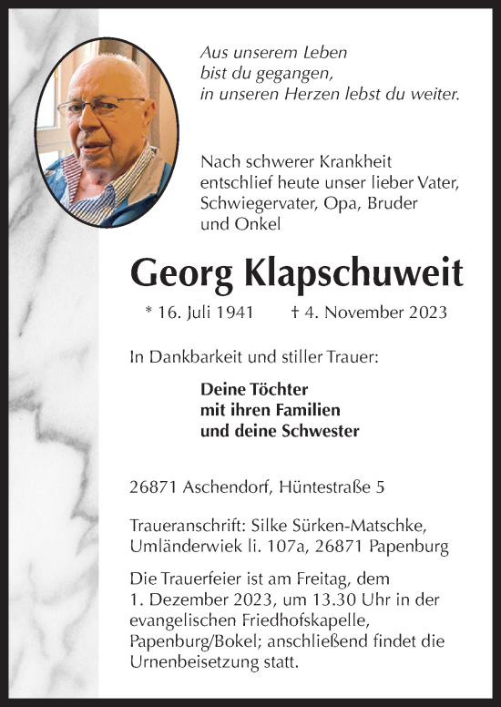 Traueranzeige von Georg Klapschuweit von Neue Osnabrücker Zeitung GmbH & Co. KG