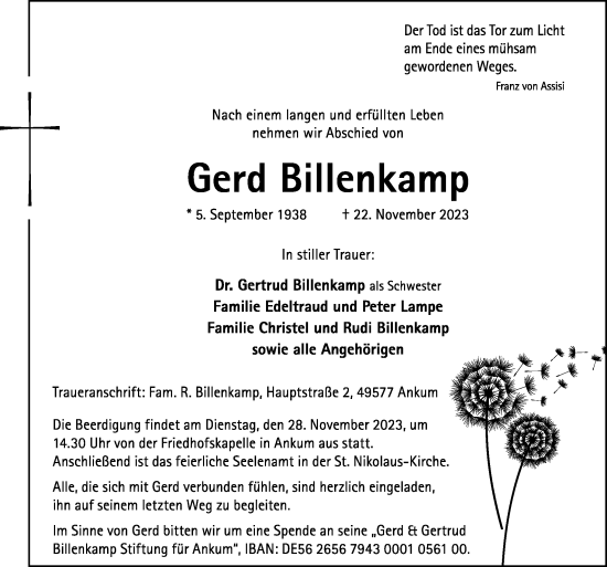 Traueranzeige von Gerd Billenkamp von Neue Osnabrücker Zeitung GmbH & Co. KG