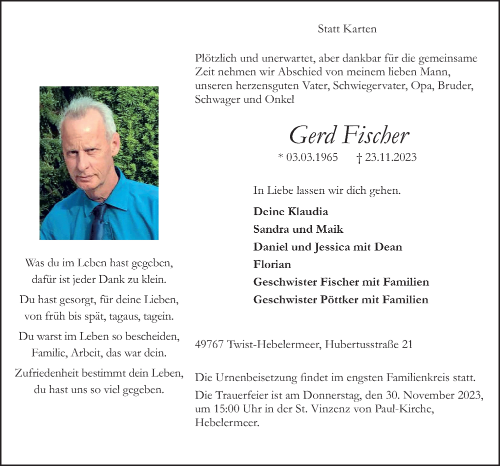  Traueranzeige für Gerd Fischer vom 28.11.2023 aus Neue Osnabrücker Zeitung GmbH & Co. KG