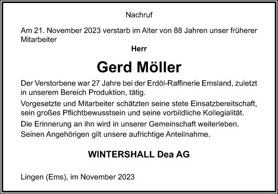 Traueranzeige von Gerd Möller von Neue Osnabrücker Zeitung GmbH & Co. KG
