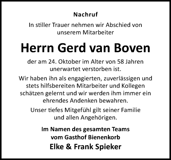 Traueranzeige von Gerd van Boven von Neue Osnabrücker Zeitung GmbH & Co. KG