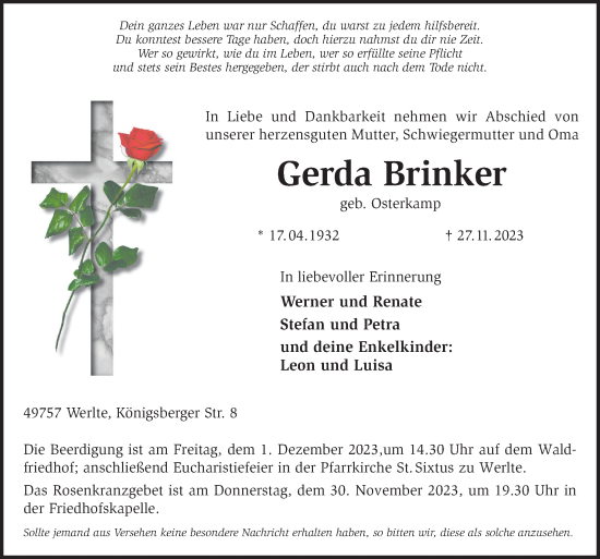 Traueranzeige von Gerda Brinker von Neue Osnabrücker Zeitung GmbH & Co. KG