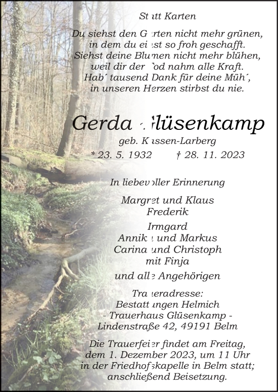 Traueranzeige von Gerda Glüsenkamp von Neue Osnabrücker Zeitung GmbH &amp; Co. KG