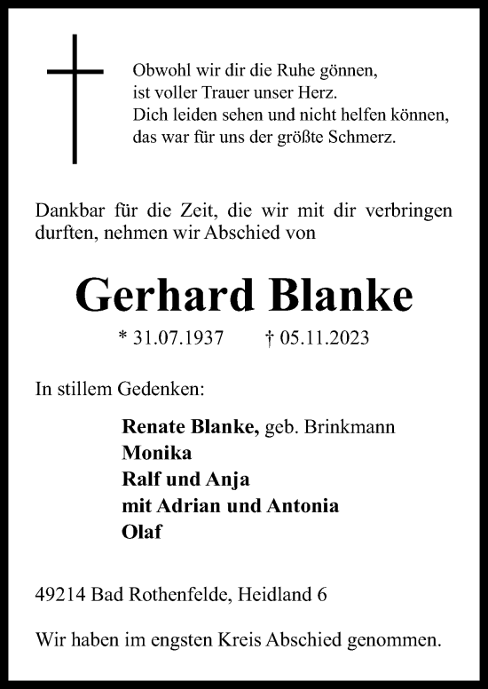 Traueranzeige von Gerhard Blanke von Neue Osnabrücker Zeitung GmbH & Co. KG