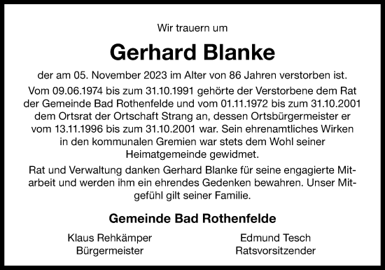 Traueranzeige von Gerhard Blanke von Neue Osnabrücker Zeitung GmbH & Co. KG