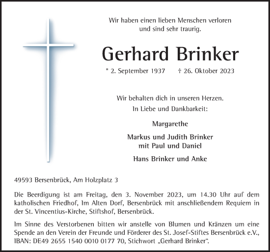 Traueranzeige von Gerhard Brinker von Neue Osnabrücker Zeitung GmbH & Co. KG