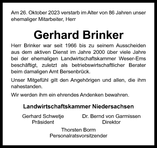 Traueranzeige von Gerhard Brinker von Neue Osnabrücker Zeitung GmbH & Co. KG