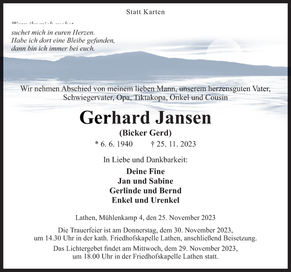  Traueranzeige für Gerhard Jansen vom 28.11.2023 aus Neue Osnabrücker Zeitung GmbH & Co. KG