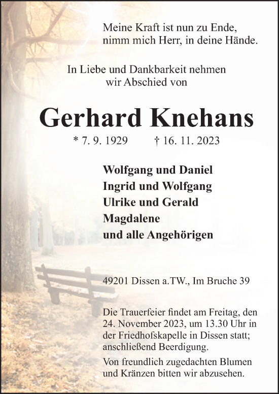 Traueranzeige von Gerhard Knehans von Neue Osnabrücker Zeitung GmbH & Co. KG