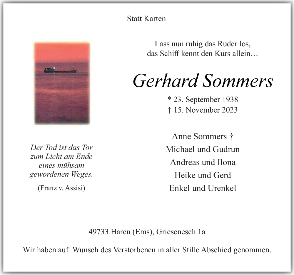  Traueranzeige für Gerhard Sommers vom 20.11.2023 aus Neue Osnabrücker Zeitung GmbH & Co. KG