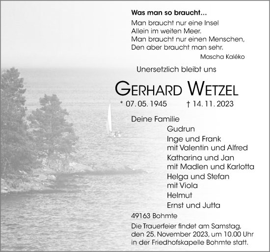 Traueranzeige von Gerhard Wetzel von Neue Osnabrücker Zeitung GmbH & Co. KG