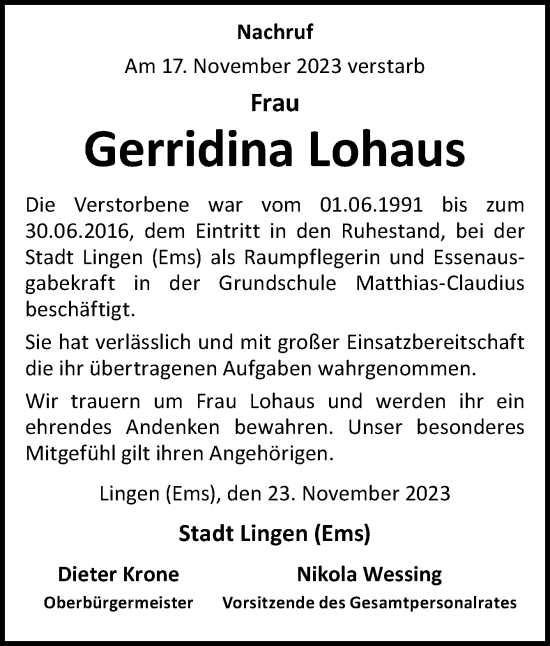 Traueranzeige von Gerridina Lohaus von Neue Osnabrücker Zeitung GmbH & Co. KG