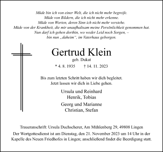 Traueranzeige von Gertrud Klein von Neue Osnabrücker Zeitung GmbH & Co. KG