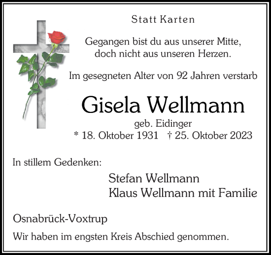 Traueranzeige von Gisela Wellmann von Neue Osnabrücker Zeitung GmbH & Co. KG