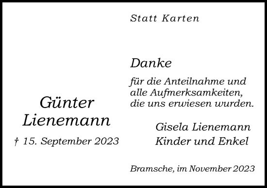Traueranzeige von Günter Lienemann von Neue Osnabrücker Zeitung GmbH & Co. KG