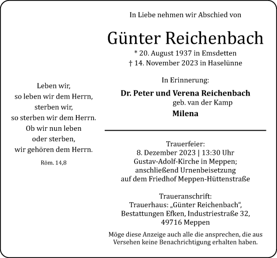 Traueranzeige von Günter Reichenbach von Neue Osnabrücker Zeitung GmbH & Co. KG