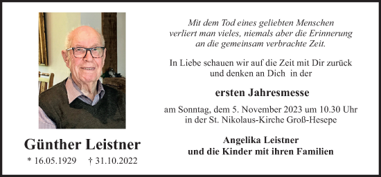 Traueranzeige von Günther Leistner von Neue Osnabrücker Zeitung GmbH & Co. KG