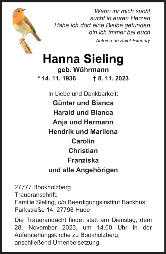 Traueranzeige von Hanna Sieling von DK Medien GmbH & Co. KG