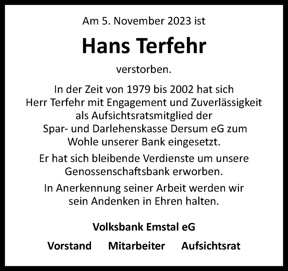  Traueranzeige für Hans Terfehr vom 10.11.2023 aus Neue Osnabrücker Zeitung GmbH & Co. KG
