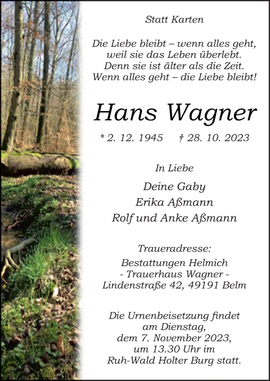 Traueranzeige von Hans Wagner von Neue Osnabrücker Zeitung GmbH & Co. KG